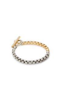 Bracciale bicolore in oro e argento con anelli intrecciati, finitura testurizzata e chiusura a barra per un fissaggio sicuro.