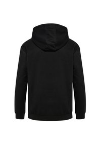 Zwarte hoodie met een soepele textuur, lange mouwen en een trekkoordcapuchon. Heeft een kangoeroezak en ribgebreide manchetten en onderrand.