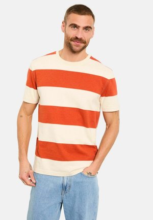 Short-sleeve striped t-shirt in cream and orange, featuring a crew neckline, relaxed fit, and visible stitching along the hem and sleeves.