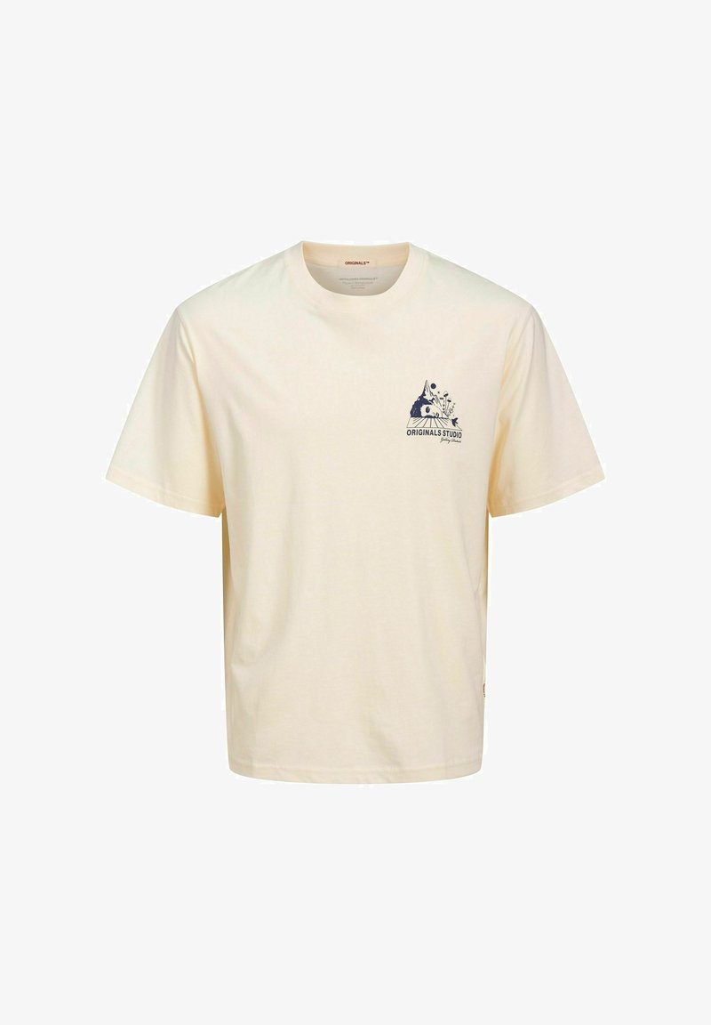 Kremkrāsas kokvilnas T-krekls ar relaksētu piegriezumu, ar tumši zilu grafisku dizainu, kas attēlo kalnus un ziedus kreisajā krūšu daļā.