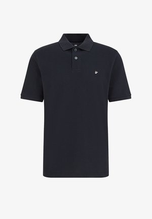 Donkerblauw poloshirt van katoen, met een klassieke kraag, een twee-knopensluiting, korte mouwen en een klein geborduurd logo op de borst.