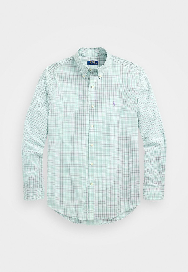 Svetlozelená košeľa na gombíky s mriežkovým vzorom v tmavšej zelenej, s klasickým golierom, dlhými rukávmi a malým vyšitou logom.