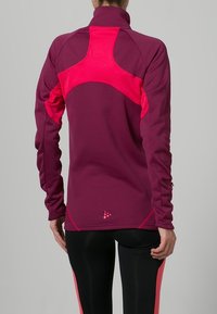 Tight sittande idrottsjacka i mörk lila med ljusrosa detaljer, med hög krage och strukturerad bakpanel. Långa ärmar med slät yta.