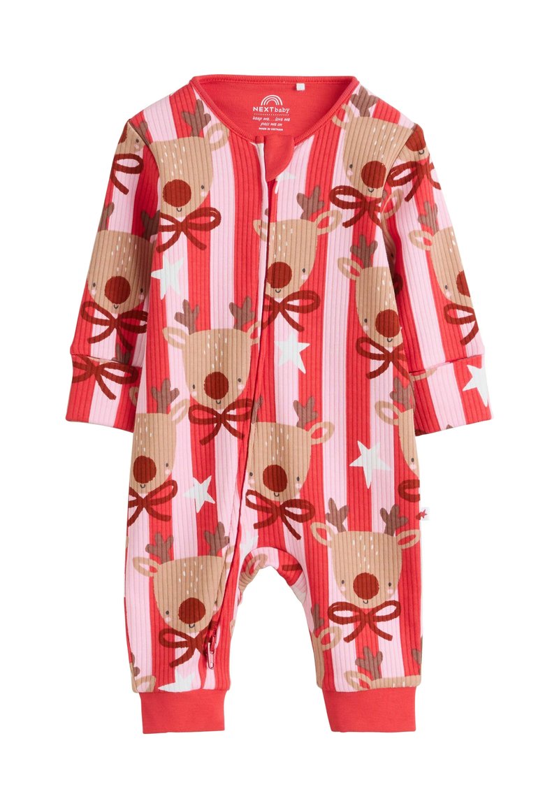 Grenouillère pour enfants à rayures rouges et roses avec motif de renne, fermeture éclair, et poignets et encolure unis rouges. Texture côtelée douce.