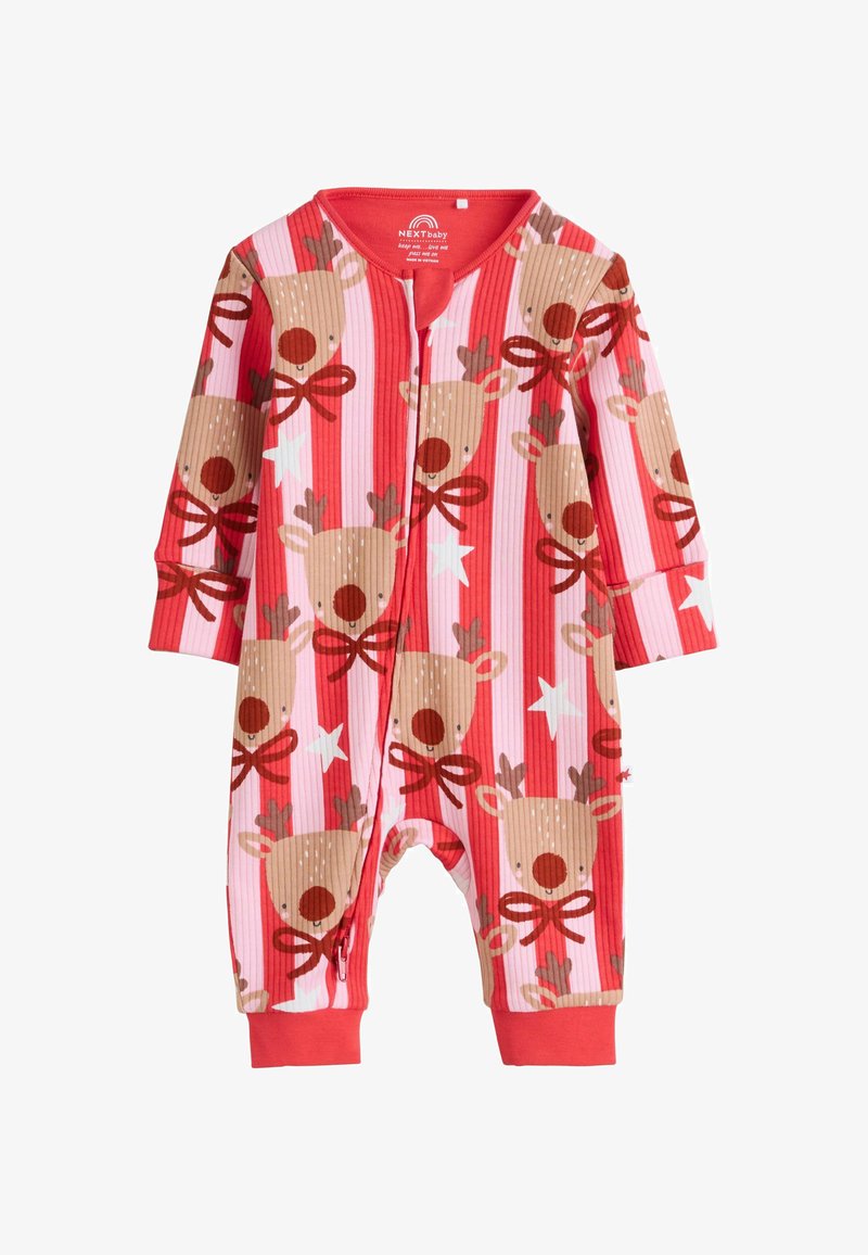 Piros és rózsaszín csíkos rugdalózó, szarvasmintákkal, elöl cipzáros, bordázott textúrával és hosszú ujjakkal, amelyeknek egyszínű piros mandzsettái vannak.