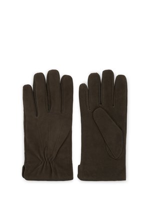Paire de gants en daim brun foncé avec un détail froncé au poignet, présentés à plat, paumes vers le haut sur fond blanc.