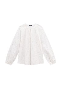 Witte blouse met lange mouwen, subtiele beige bloemenborduursels, ronde halslijn en geplooide manchetten.