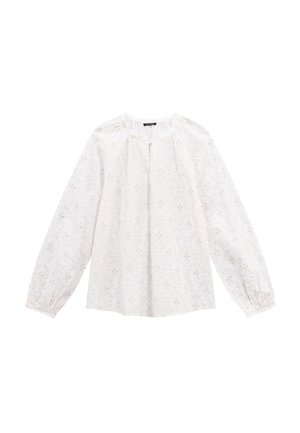 Witte blouse met lange mouwen, subtiele beige bloemenborduursels, ronde halslijn en geplooide manchetten.