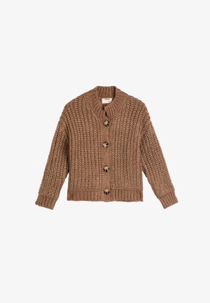 Brauner gestrickter Cardigan mit grober Textur, rundem Hals und fünf großen Knöpfen vorne. Rippbündchen und Saum.