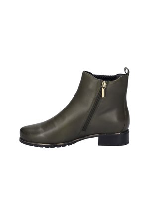 Olive green ankle boot in smooth leather, featuring a side zipper and a small block heel. Simple design with no embellishments.