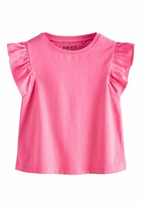 Haut enfant rose vif à manches courtes avec manches à volants et col rond, en tissu doux.