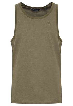 Olive green tank top in a soft, breathable fabric. Features a round neckline and subtle logo embroidery on the chest.