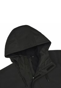 Zwarte hooded jacket met een gladde, gestructureerde oppervlakte, verstelbare trekkoorden en een ritssluiting aan de voorkant met klittenbandaccenten.