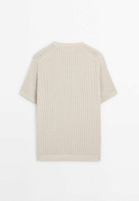 Beige knitted short-sleeve shirt with a textured pattern and a ribbed crew neckline. Features raglan sleeves and a straight hem.