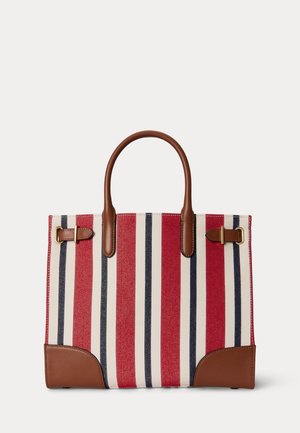 Triibuline kandekott, millel on vertikaalsed punased, tumesinised ja beežid triibud, pruunist nahast sangad, nurga tugevused ja kuldsed pandla aksendid.