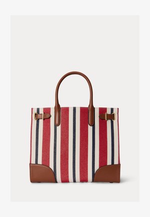 Geantă tote cu dungi verticale roșii, bleumarin și bej, mânere din piele maro, întărituri pe colțuri și accente cu catarame aurii.