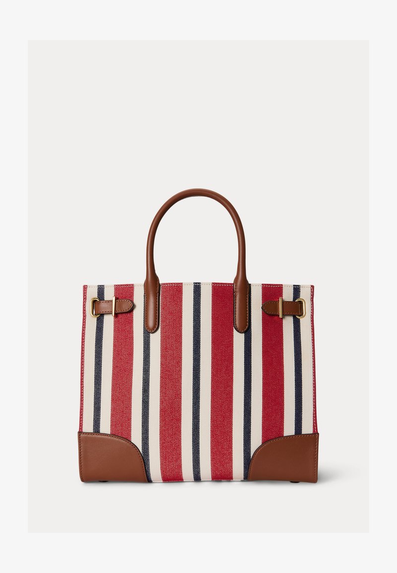 Τσάντα tote με ρίγες σε κόκκινο, ναυτικό και μπεζ, καφέ δερμάτινες λαβές, ενισχύσεις στις γωνίες και χρυσά πόμολα.