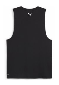 Top sin mangas negro hecho de tela suave, con un escote redondo, logotipo de Puma en blanco en la parte posterior y un pequeño detalle de texto en el dobladillo.