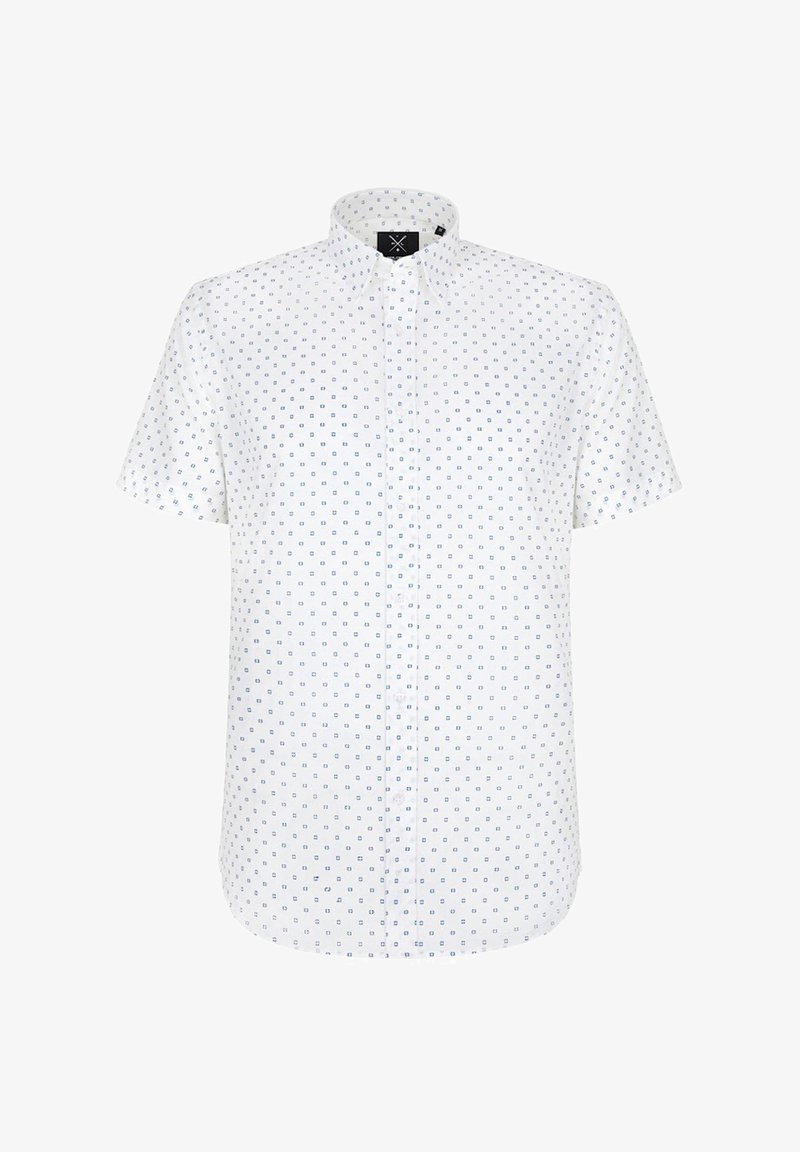 Biała koszula z krótkim rękawem w niebieskie wzory geometryczne, z kołnierzykiem zapinanym na guziki i listwą guzikową z przodu. Wykonana z lekkiej tkaniny.