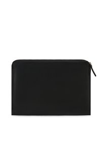 Schwarze Ledertasche mit glatter Textur, Reißverschluss oben und minimalistischer Gestaltung. Geeignet für Dokumente oder elektronische Geräte.