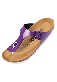 Lilla patenterede sandaler med thong-design, justerbar spænde, korkfodbed og hvid gummisål. Tekstureret indersål for komfort.
