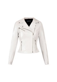 Bijela kožna motoristička jakna s prianjajućim dizajnom, zatvaračem sprijeda i dva dijagonalna prednja džepa. Sadrži srebrne dijelove i duge rukave.