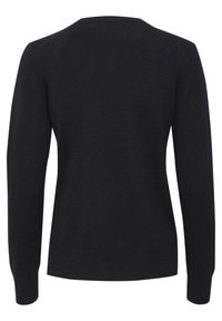 Schwarzer Pullover mit langen Ärmeln, einem runden Halsausschnitt und einer glatten Textur. Einfaches Design, keine sichtbaren Muster oder Akzente.