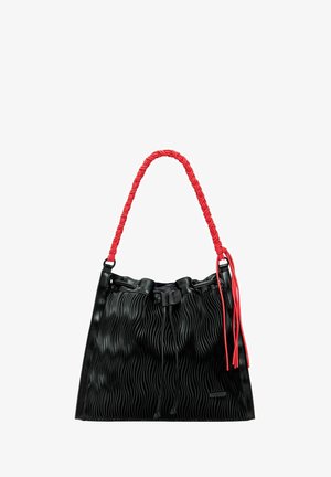 Black handbag with a textured, wavy design and a braided red handle. Features a drawstring closure and red leather accents.