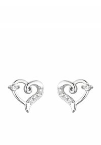 Silverfärgade örhängen i hjärtform har en svepande design, accentuerad med klara ädelstenar på ena sidan och en enskild sten ovanför varje örhänge.