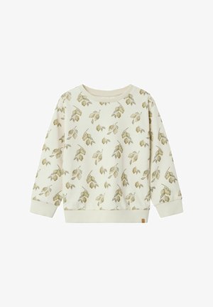 Cremfarbener Pullover mit grünem Blattmuster, mit rundem Ausschnitt, gerippten Bündchen und einem gerippten Saum.