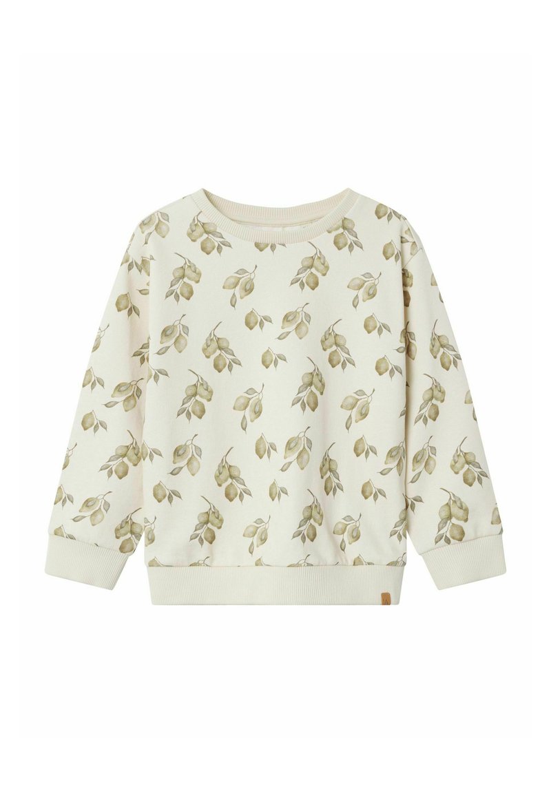Sudadera color crema con un patrón de hojas verdes, con un cuello redondo, puños acanalados y una cintura acanalada.