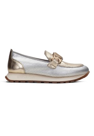 Silver perforated leather slip-on shoe with metallic accents, rubber outsole, and decorative buckle on the vamp. Brand name: HispaniTas.