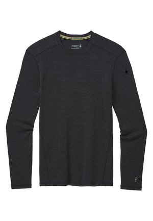 Long-sleeve shirt in dark gray fabric with a round neckline, features contrasting trim inside collar and a small logo on the sleeve.