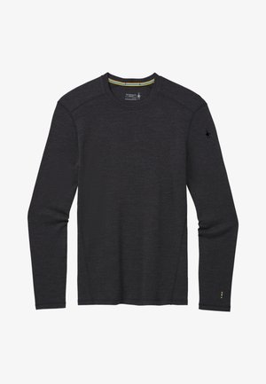 Long-sleeve shirt in dark gray fabric with a round neckline, features contrasting trim inside collar and a small logo on the sleeve.