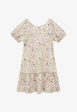 Robe à imprimé floral avec manches courtes bouffantes, ourlet à volants et palette de couleurs pastel comprenant des tons roses, bleus et beiges. Confectionnée en tissu léger.