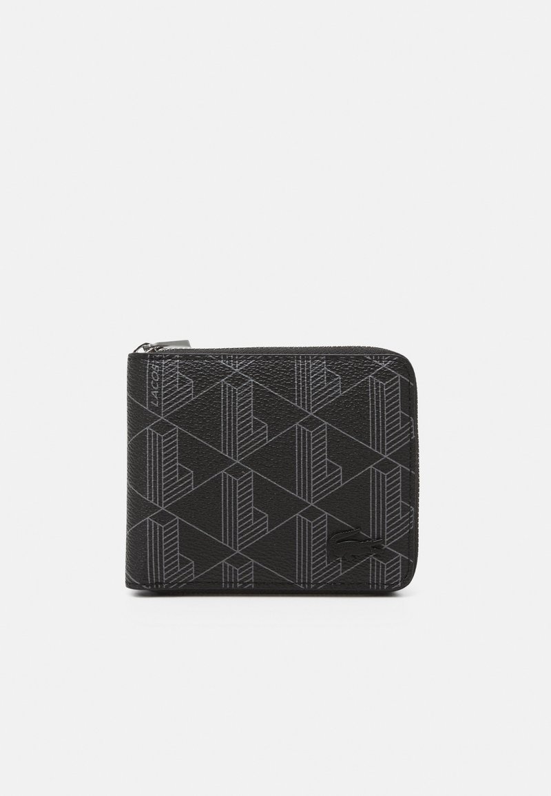 Svart lommebok med et geometrisk mønster i grått. Laget av teksturert materiale, med glidelås og en liten logoaccent.