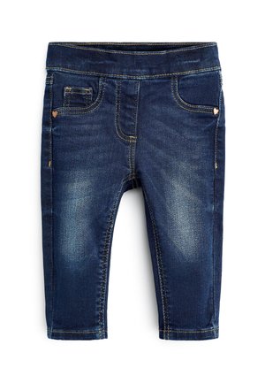 Leggings in denim blu scuro con una vestibilità slim, caratterizzati da dettagli di cucitura, due tasche anteriori e un piccolo accento a forma di cuore su una tasca.