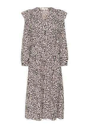 Loimeahtoinen leopardikuvioinen mekko vaaleassa beigessä, jossa on mustia pilkkuja. Mekossa on pitkät hihat, frilla-olkapäät ja kapea vyötärö, mikä luo ilmavan siluetin.