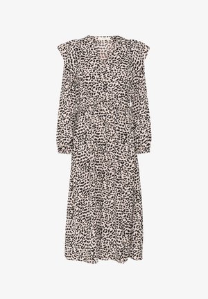 Loimeahtoinen leopardikuvioinen mekko vaaleassa beigessä, jossa on mustia pilkkuja. Mekossa on pitkät hihat, frilla-olkapäät ja kapea vyötärö, mikä luo ilmavan siluetin.