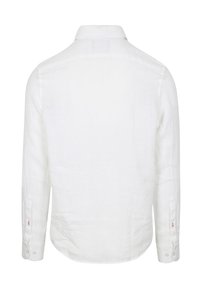 Witte linnen overhemd met lange mouwen, een klassieke kraag, knoopmanchetten en een rugpand. Bevat subtiele textuur en een gebogen zoom.