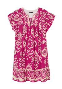 Rotes Kleid mit weißen geometrischen und floralen Mustern, mit rundem Ausschnitt und kurzen, schwingenden Ärmeln, sowie einem versammelten Detail in der Nähe des Oberteils.