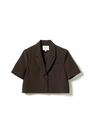 Rudas trumpintas švarkas su trumpomis rankovėmis, dviem priekinėmis kišenėmis, įpjauta apykakle, vienu mygtuku, lygiu paviršiumi ir pritaikyta siuvimo konstrukcija.