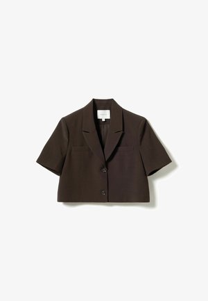 Rjava krajša blazer jakna s kratkimi rokavi, dvema sprednjima žepoma, zarezenim ovratnikom, enojnim gumbom za zapiranje, gladko teksturo in krojenim dizajnom.