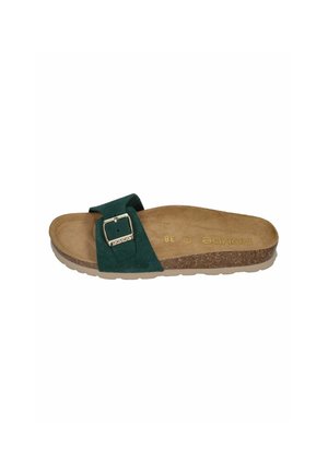 Brown cork sole slide sandal with green suede strap and silver buckle, size 38, brand Rohde, displayed on white background.