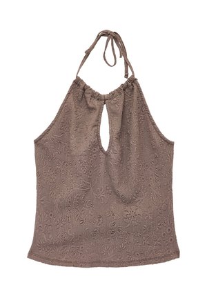 Crop top marrone con collo alla halter, motivo floreale strutturato e apertura a chiave frontale, progettato per un uso casual.