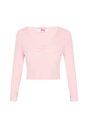 Světle růžový zkrácený top s dlouhými rukávy, žebrovanou texturou, véčkovým výstřihem a středovým řasením. Štítek ukazuje velikost S a název značky.