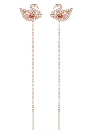Orecchini a forma di cigno in oro rosa con accenti di cristallo e design a catena collegata. Presentano una forma unica e dettagli scintillanti. La lunghezza della catena varia.