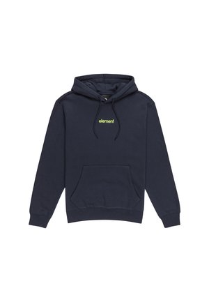 Navy hoodie made of soft fabric, featuring a front pocket, ribbed cuffs and hem, with a neon green "element" logo on the chest.