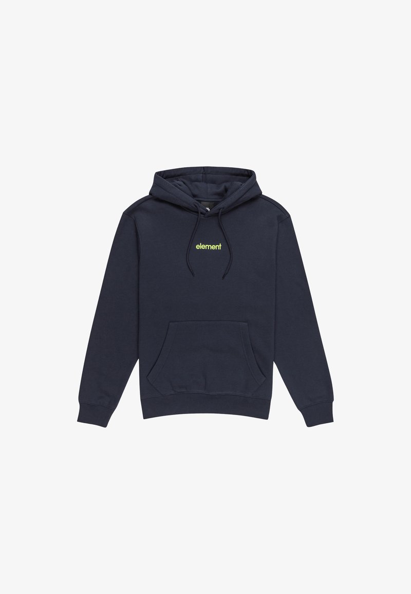 Granatowy hoodie wykonany z miękkiego materiału, z kieszenią z przodu, ściągaczami przy mankietach i u dołu, ozdobiony neonowozielonym logo "element" na piersi.