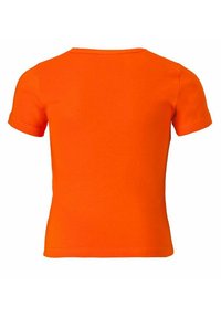 Short-sleeved t-shirt in bright orange cotton, featuring a crew neck and smooth, even texture with no visible patterns or accents.